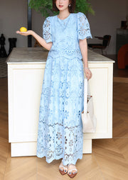 Elegant Blue Embroidered Hollow Out Cotton Two Pieces Set Summer
