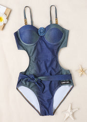 Elegant Blue Floral Bow Solid Denim Bodysuit