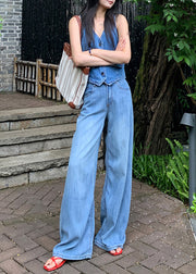 Elegant Blue High Waist Draping Denim Straight Pants Fall