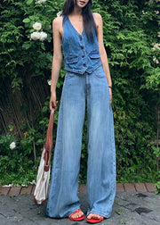 Elegant Blue High Waist Draping Denim Straight Pants Fall