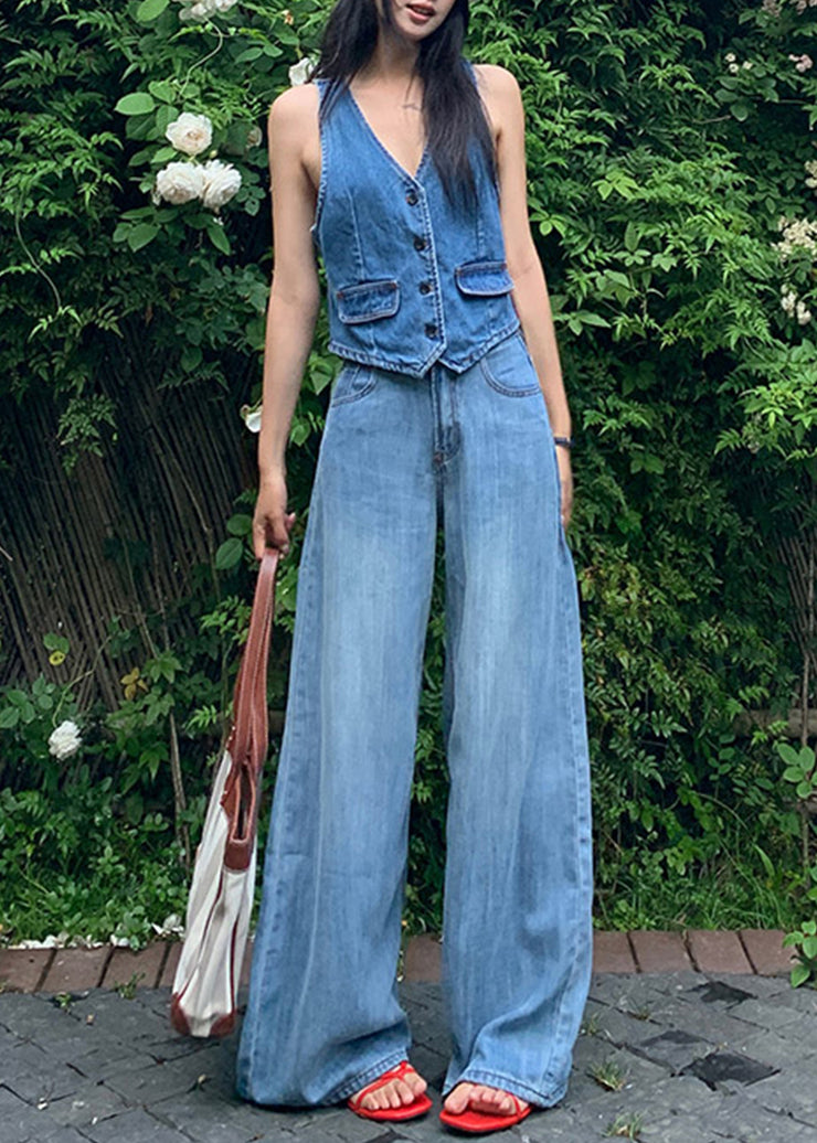 Elegant Blue High Waist Draping Denim Straight Pants Fall