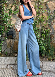 Elegant Blue High Waist Draping Denim Straight Pants Fall
