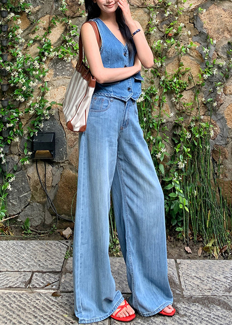 Elegant Blue High Waist Draping Denim Straight Pants Fall