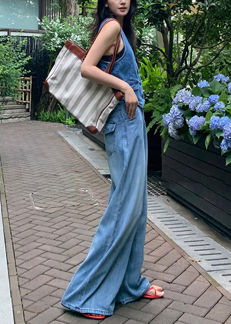 Elegant Blue High Waist Draping Denim Straight Pants Fall