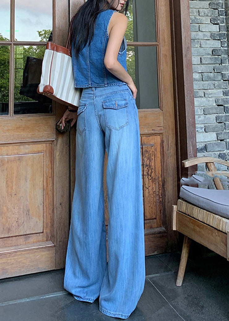 Elegant Blue High Waist Draping Denim Straight Pants Fall