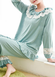 Elegant Blue Lace Patchwork Cotton Pajamas Two Piece Set Fall