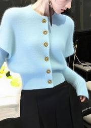 Elegant Blue O Neck Button Knit Short Sweater Winter