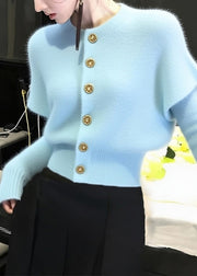 Elegant Blue O Neck Button Knit Short Sweater Winter