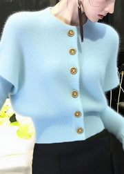 Elegant Blue O Neck Button Knit Short Sweater Winter