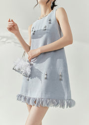 Elegant Blue O-Neck Patchwork Nail Bead Mid Dresses Sleeveless
