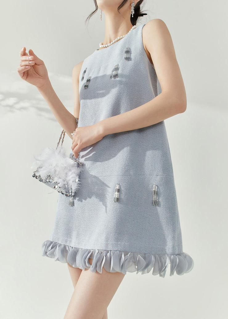 Elegant Blue O-Neck Patchwork Nail Bead Mid Dresses Sleeveless