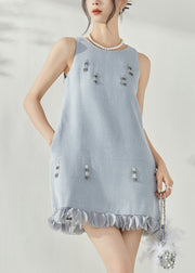 Elegant Blue O-Neck Patchwork Nail Bead Mid Dresses Sleeveless