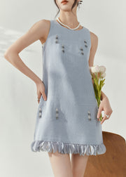 Elegant Blue O-Neck Patchwork Nail Bead Mid Dresses Sleeveless