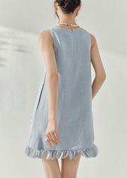 Elegant Blue O-Neck Patchwork Nail Bead Mid Dresses Sleeveless