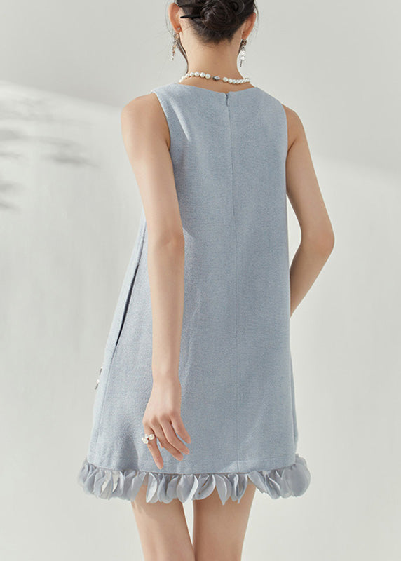 Elegant Blue O-Neck Patchwork Nail Bead Mid Dresses Sleeveless