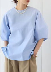 Elegant Blue O-Neck Puff Sleeve Cotton Tops