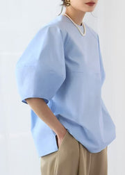Elegant Blue O-Neck Puff Sleeve Cotton Tops
