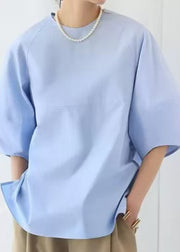 Elegant Blue O-Neck Puff Sleeve Cotton Tops