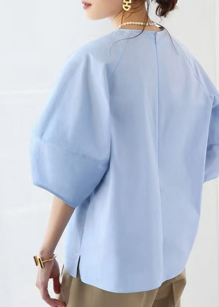 Elegant Blue O-Neck Puff Sleeve Cotton Tops