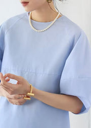 Elegant Blue O-Neck Puff Sleeve Cotton Tops