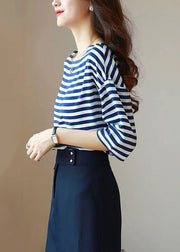 Elegant Blue O Neck Striped Silk Shirt Tops Summer