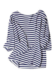 Elegant Blue O Neck Striped Silk Shirt Tops Summer