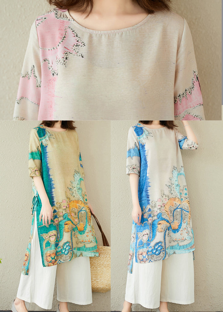 Elegant Blue Oversized Print Linen Dresses Summer