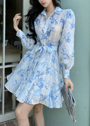 Elegant Blue Peter Pan Collar Print Tie Waist Cotton Blouses Dress Fall