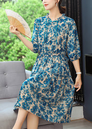 Elegant Blue Print Tunic Dresses Ruffled Summer