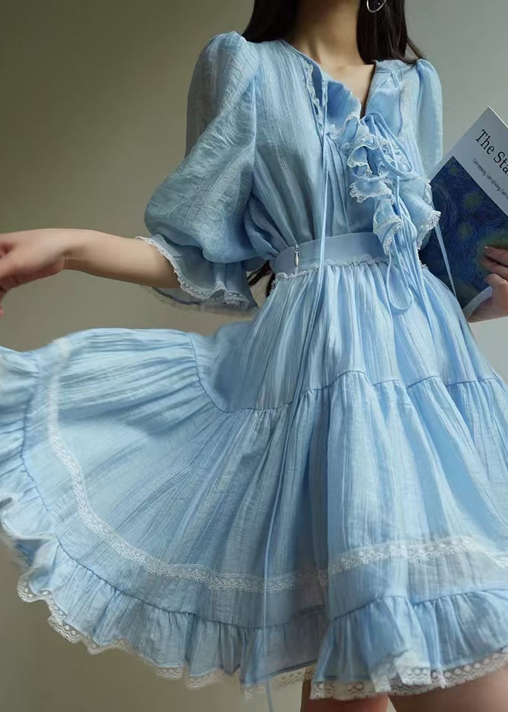 Elegant Blue Ruffled Lace Shirt And Skirts Cotton Two Pieces Set Half Sleeve
