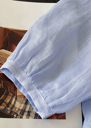 Elegant Blue Ruffled Lace Up Button Cotton Blouses Fall