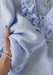 Elegant Blue Ruffled Lace Up Button Cotton Blouses Fall