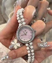 Elegant Blue Stainless Steel Pearl Reinforced Glass Quartz Movement Watches