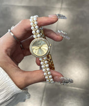 Elegant Blue Stainless Steel Pearl Reinforced Glass Quartz Movement Watches