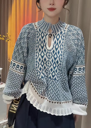 Elegant Blue Stand Collar Print Knit Sweater Fall