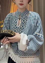 Elegant Blue Stand Collar Print Knit Sweater Fall