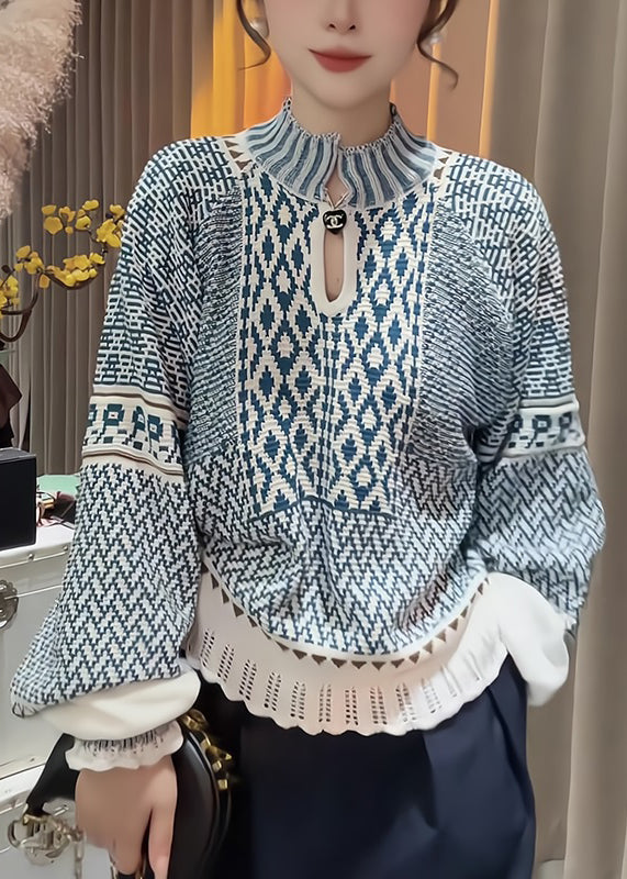 Elegant Blue Stand Collar Print Knit Sweater Fall