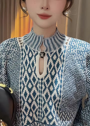 Elegant Blue Stand Collar Print Knit Sweater Fall