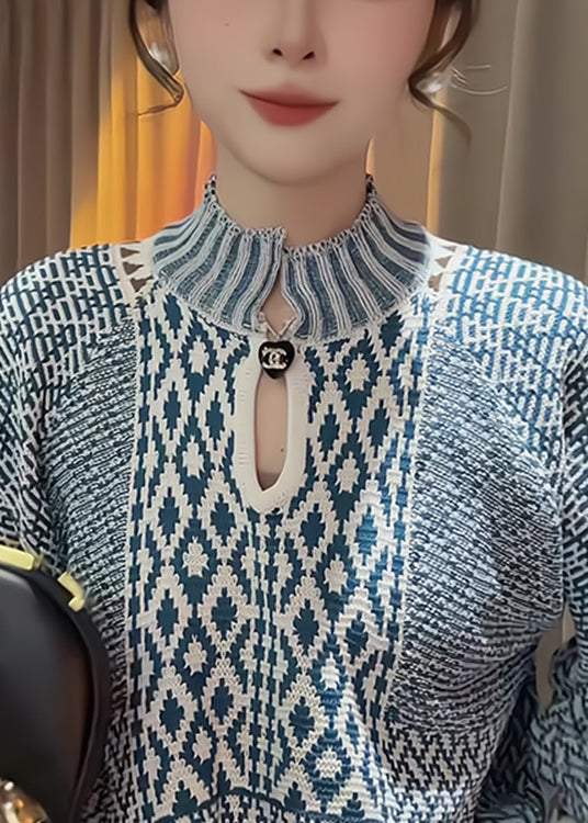 Elegant Blue Stand Collar Print Knit Sweater Fall