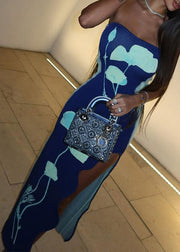 Elegant Blue Strapless Print Side Open Cotton Long Dress Sleeveless