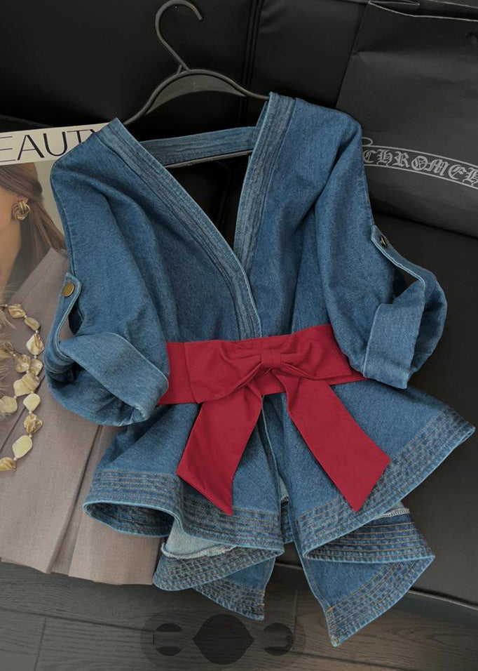 Elegant Blue V Neck Bow Tunic Denim Shirt Tops Short Sleeve