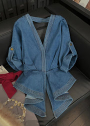 Elegant Blue V Neck Bow Tunic Denim Shirt Tops Short Sleeve