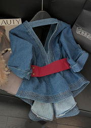 Elegant Blue V Neck Bow Tunic Denim Shirt Tops Short Sleeve