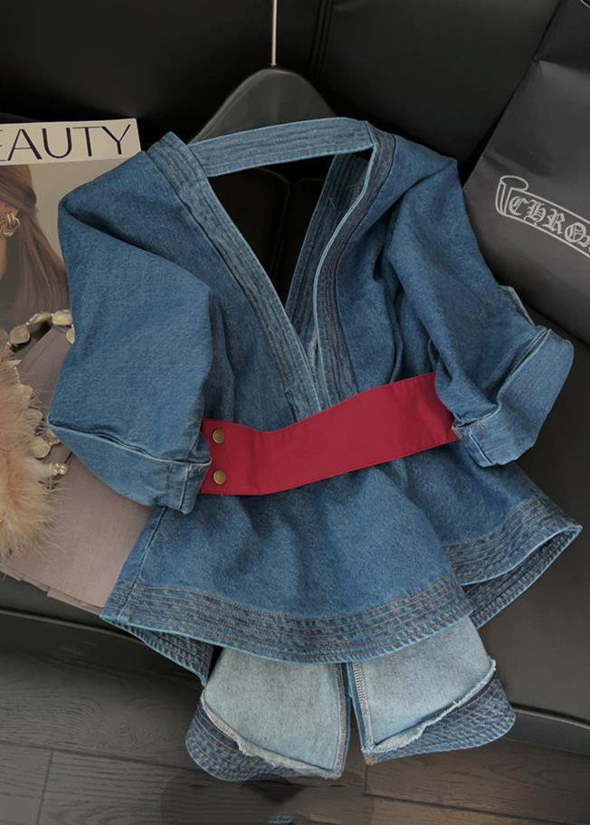 Elegant Blue V Neck Bow Tunic Denim Shirt Tops Short Sleeve