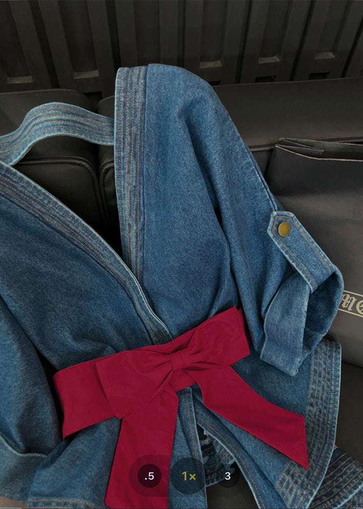 Elegant Blue V Neck Bow Tunic Denim Shirt Tops Short Sleeve