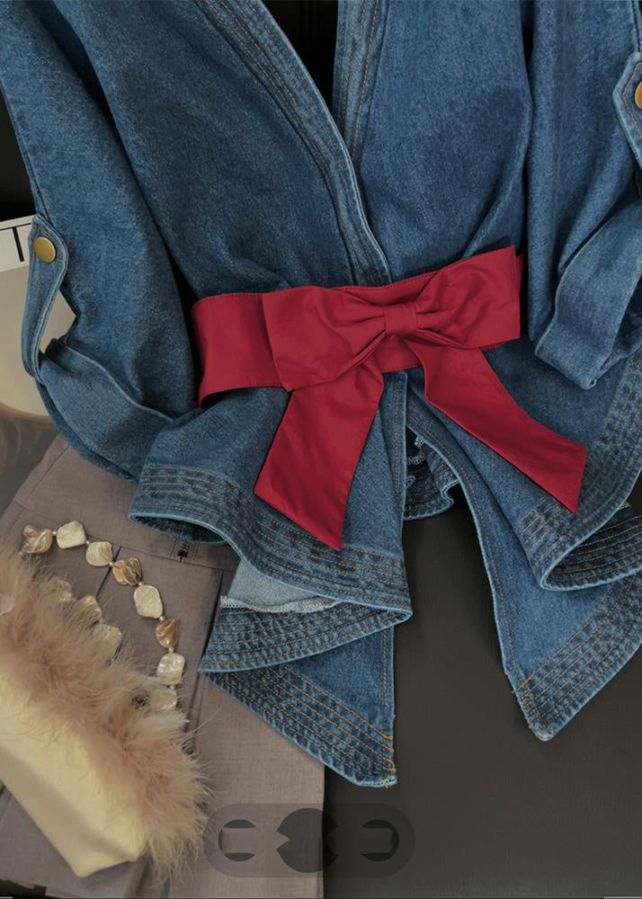 Elegant Blue V Neck Bow Tunic Denim Shirt Tops Short Sleeve