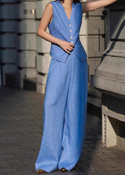 Elegant Blue V Neck Button Waistcoat And Straight Pants Two Pieces Set Sleeveless