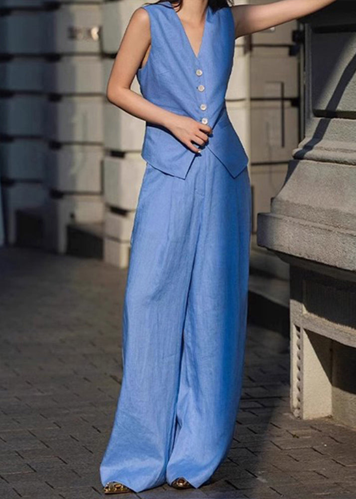 Elegant Blue V Neck Button Waistcoat And Straight Pants Two Pieces Set Sleeveless