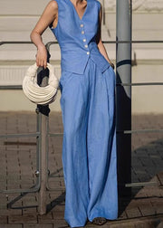 Elegant Blue V Neck Button Waistcoat And Straight Pants Two Pieces Set Sleeveless
