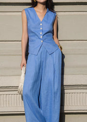 Elegant Blue V Neck Button Waistcoat And Straight Pants Two Pieces Set Sleeveless